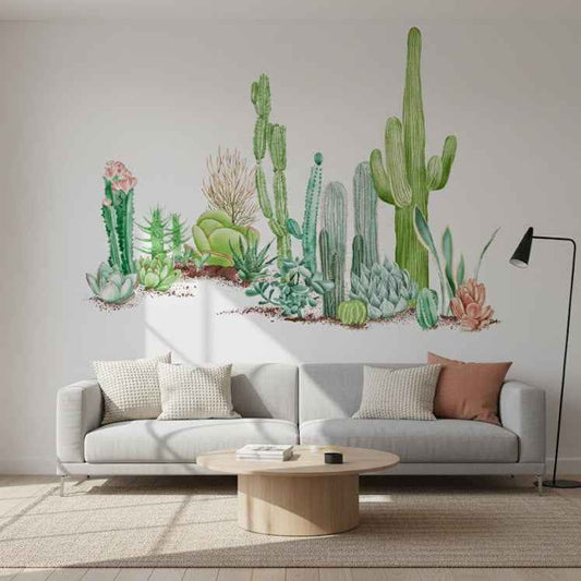 Desert Horizon Panorama Wall Mural - Sage Green Illustrated Cactus Scene