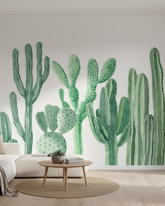 Living room with a wall featuring a large cactus mural.