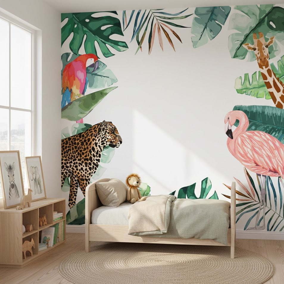 Children's room with jungle-themed wallpaper, bed, and toys.