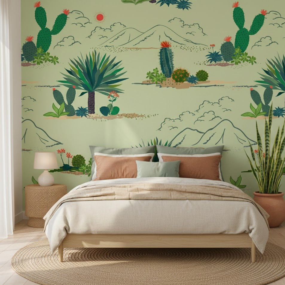 Desert Horizon Panorama Wall Mural - Sage Green Illustrated Cactus Scene