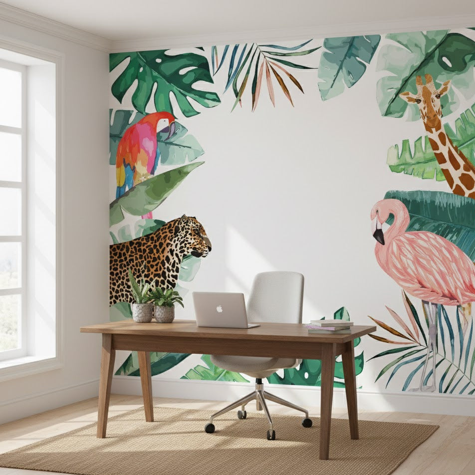 Tropical animal mural on a wall with a desk and chair in front.