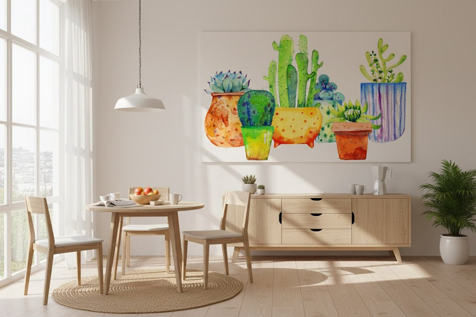 Modern dining room with a colorful cactus painting on the wall.