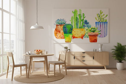 Modern dining room with a colorful cactus painting on the wall.