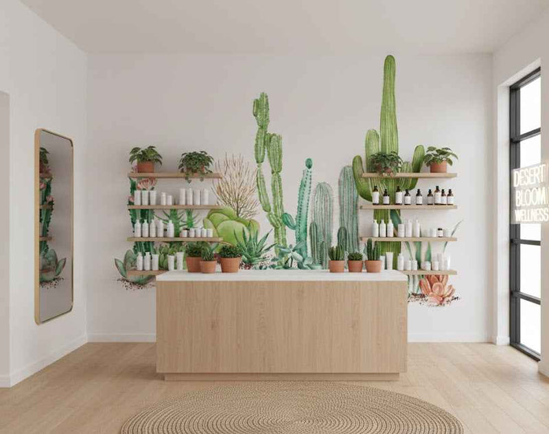 Desert Horizon Panorama Wall Mural - Sage Green Illustrated Cactus Scene