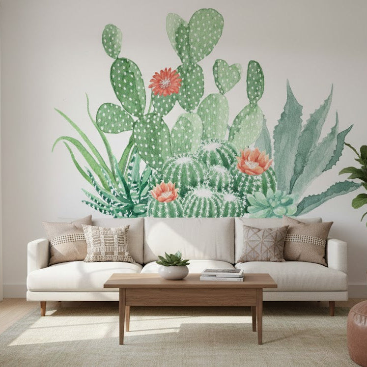 Living room with a white sofa, wooden coffee table, and a large cactus mural on the wall.