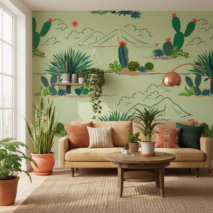 Living room with a beige sofa, wooden coffee table, and decorative plants against a wall with cactus mural.