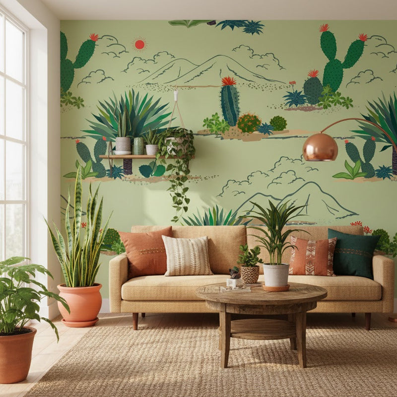 Living room with a beige sofa, wooden coffee table, and decorative plants against a wall with cactus mural.