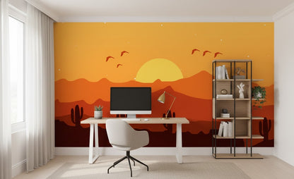 Modern office with a desert-themed wall mural
