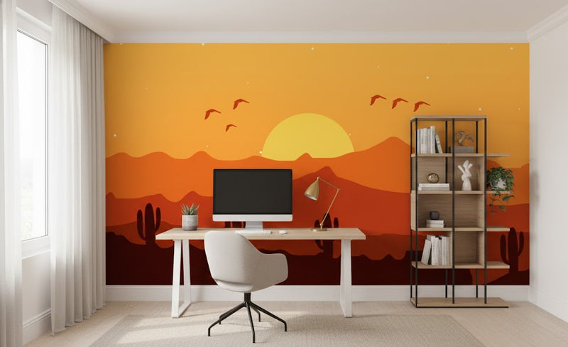 Modern office with a desert-themed wall mural