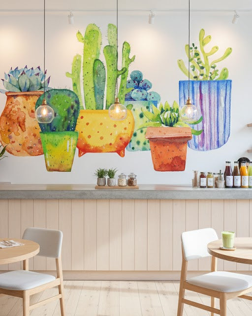 Modern cafe interior with colorful cactus wall art and wooden furniture.