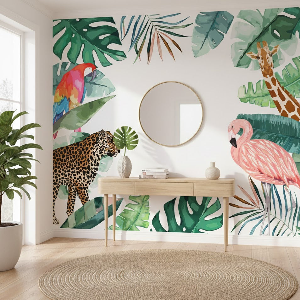 Decorative wall mural with animals and leaves in a room with a desk and mirror.