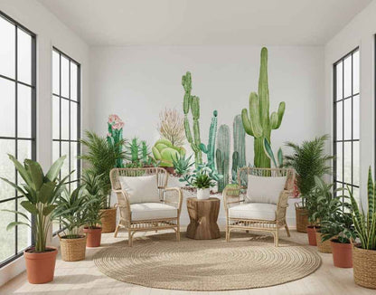 Desert Horizon Panorama Wall Mural - Sage Green Illustrated Cactus Scene