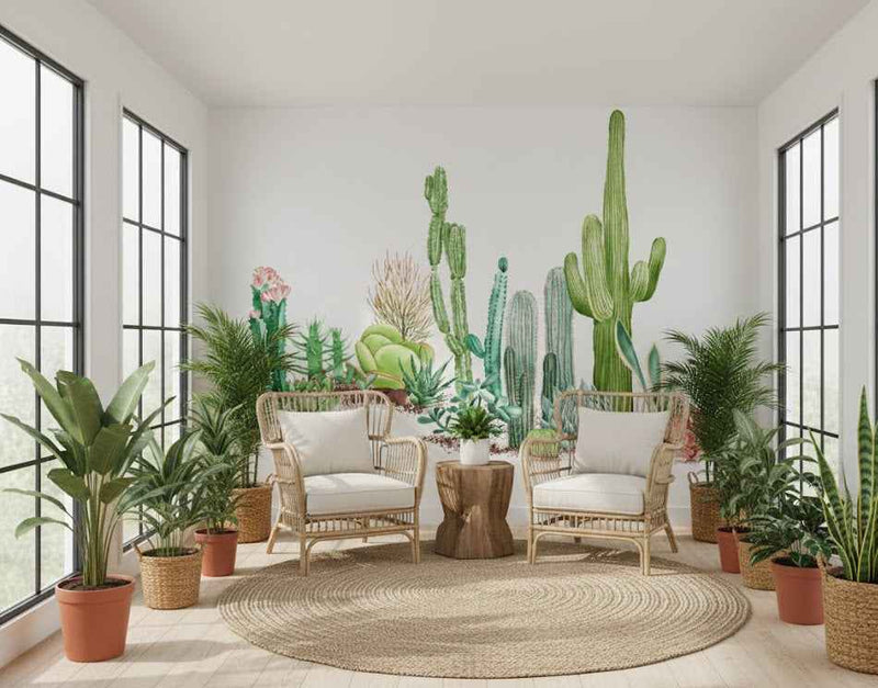 Desert Horizon Panorama Wall Mural - Sage Green Illustrated Cactus Scene