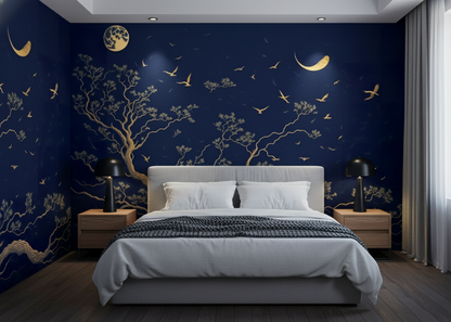 Golden Tree & Birds on Deep Navy Night Sky Mural