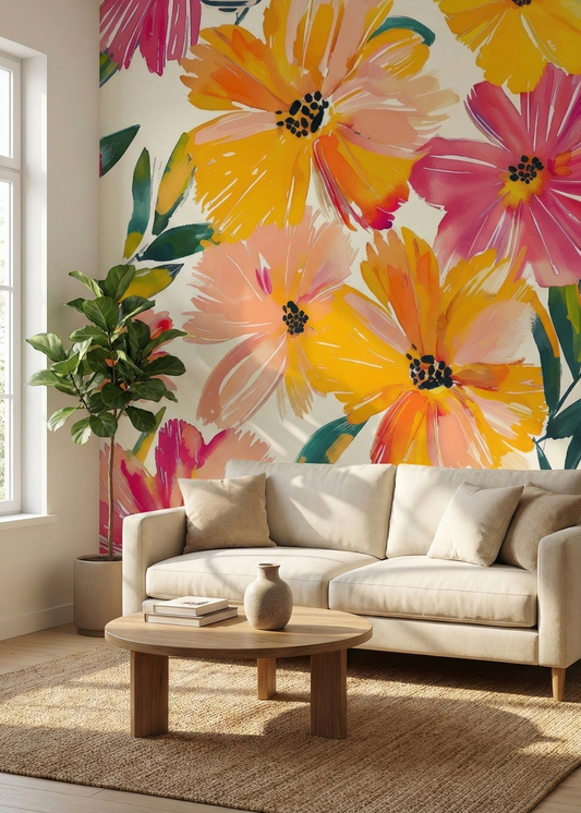 Living room with a beige sofa, wooden coffee table, and colorful floral wall mural.