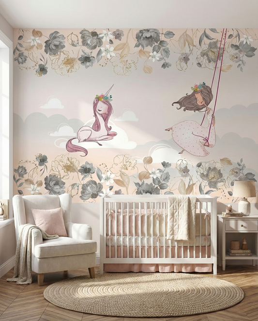 Whimsical Unicorn & Girl on Swing Floral Wall Mural