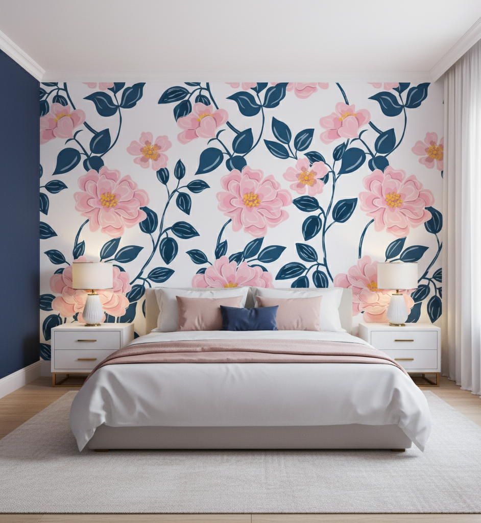 Modern bedroom with floral wallpaper, bed, and nightstands.