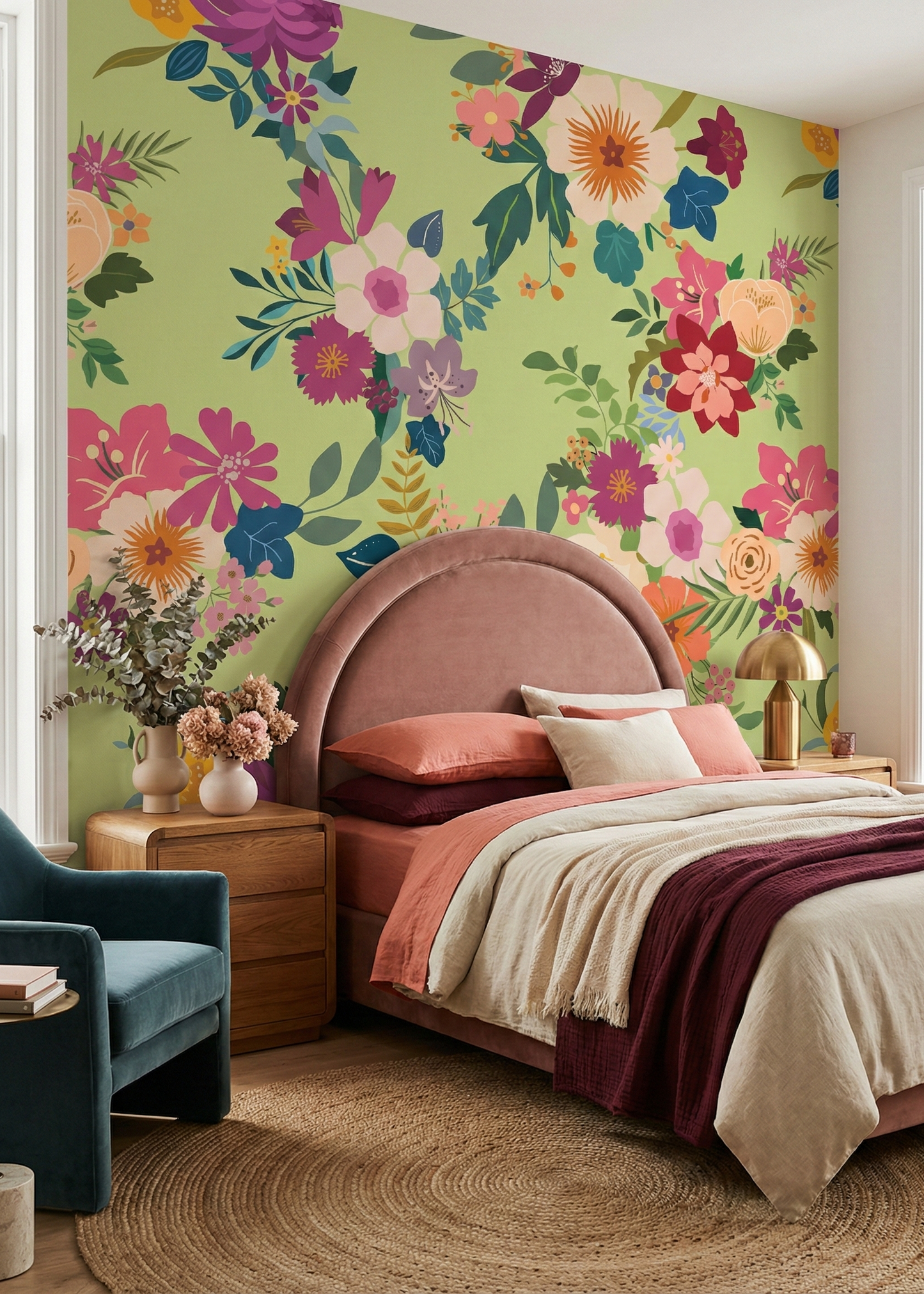 Bedroom with floral wallpaper, pink bed, and colorful decor