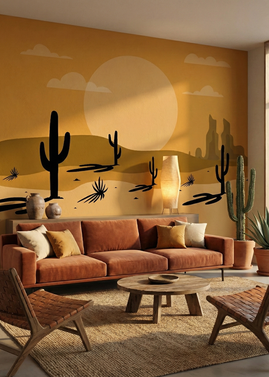 Living room with a desert-themed wall mural, orange sofa, and wooden chairs.