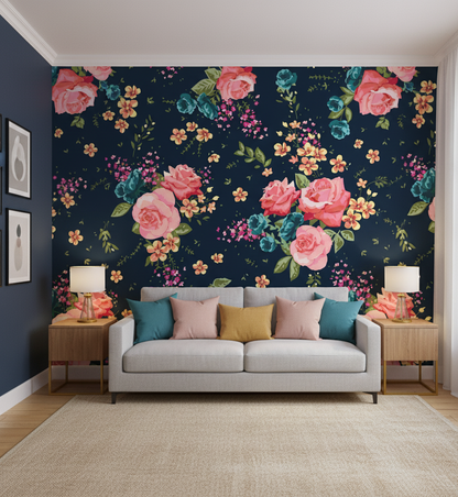 Living room with floral wallpaper, gray sofa, and colorful cushions.
