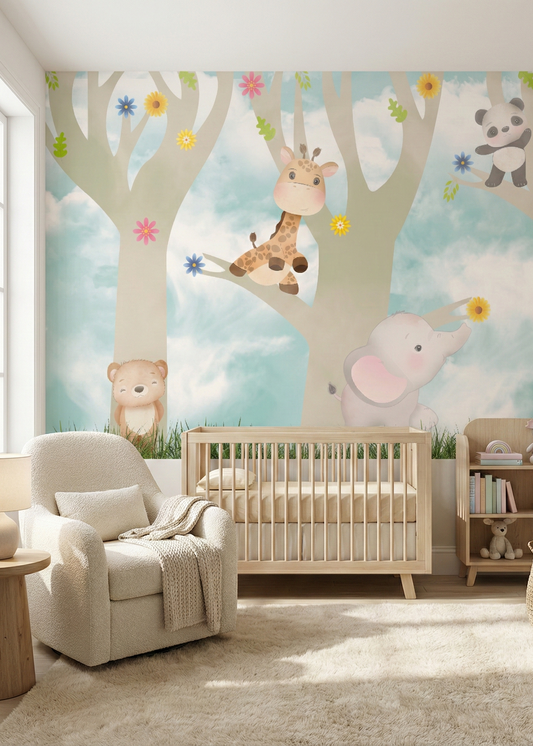 Nursery room with a crib, armchair, and wall mural of animals in trees.