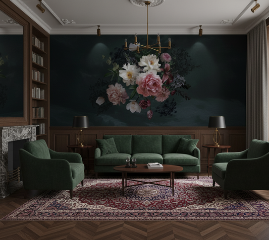 Luxurious living room with green sofas, a floral wall art piece, and a chandelier.