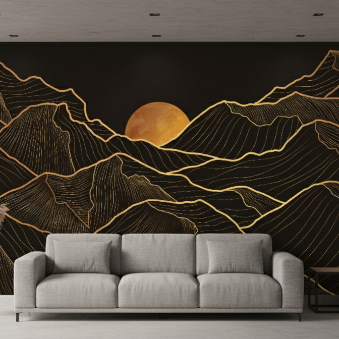 Modern living room with a large wall mural of mountains and a sun.