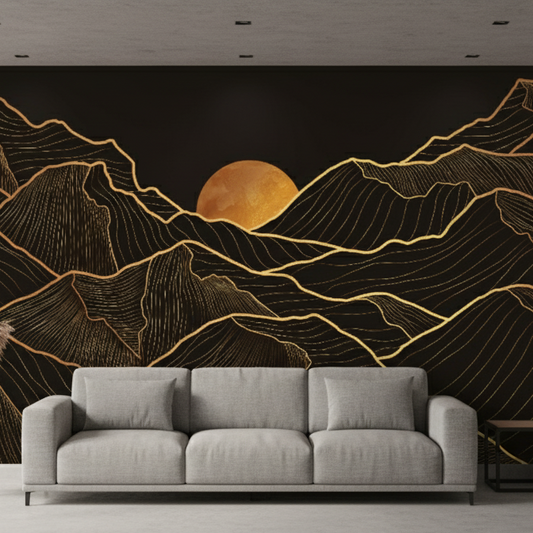 Modern living room with a large wall mural of mountains and a sun.
