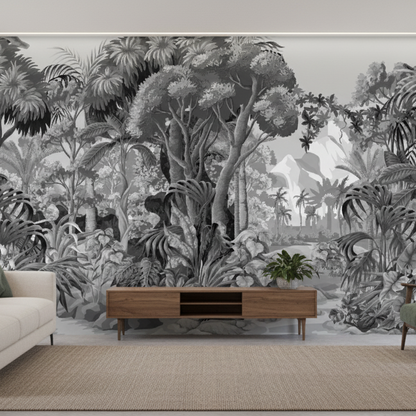Living room with a jungle-themed wall mural and modern furniture.