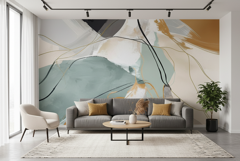 Abstract Gold Line Art Mural, Sage Green & Ochre Wall Decor