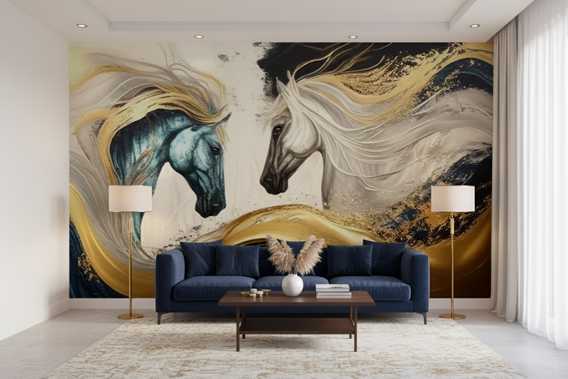 Majestic Horse Wall Mural, Abstract Blue Gold Equine Art Print