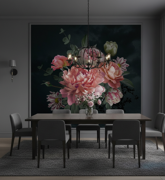 Dining room with a large floral mural on the wall