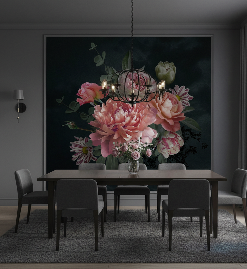 Dining room with a large floral mural on the wall