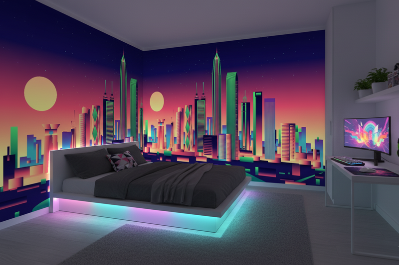Modern bedroom with neon cityscape wall mural and gaming setup.