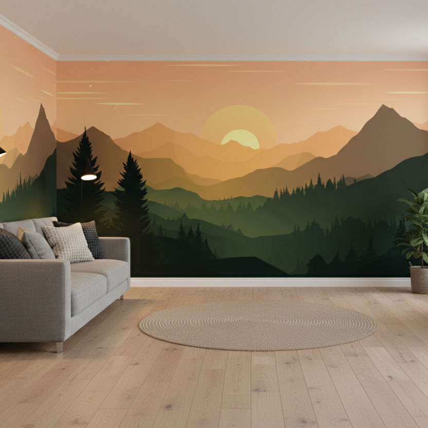 Layered Sunset Mountain Wall Mural