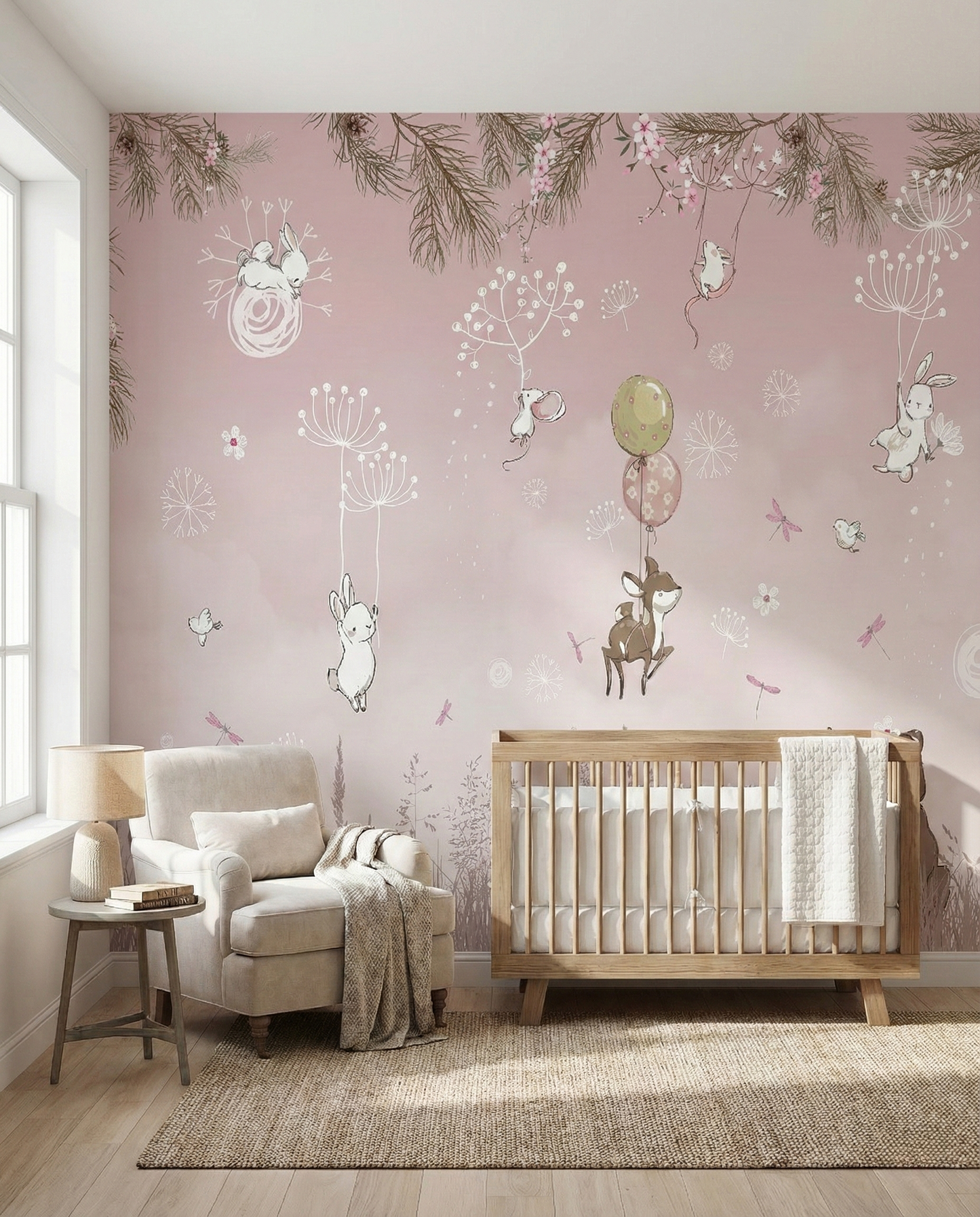 Whimsical Pink Woodland Friends - Dreamy Nursery Wall Mural