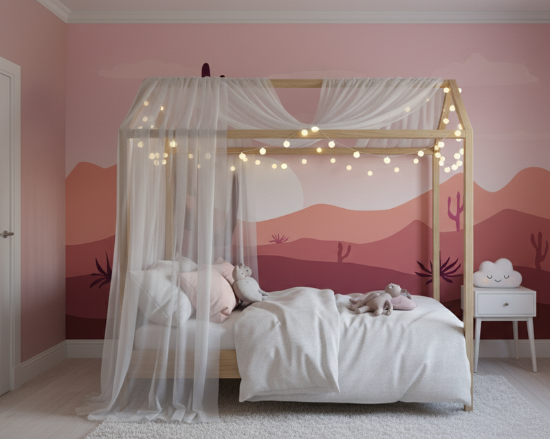 Children's bedroom with a canopy bed, pink walls, and a nightstand.