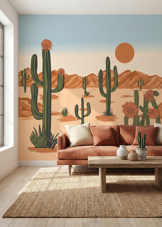 Living room with a desert-themed wall mural featuring cacti and mountains.