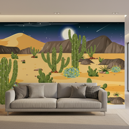 Living room with a large desert wall mural featuring cacti and mountains.