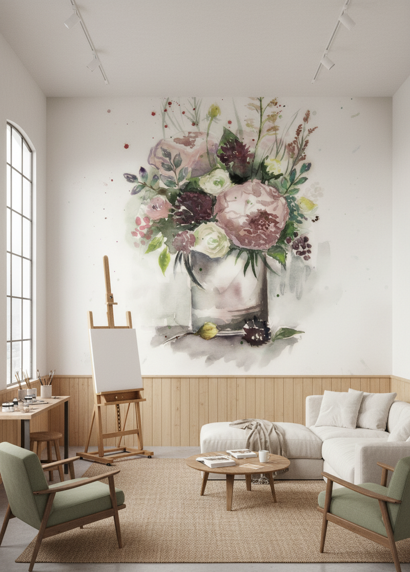 Living room with floral artwork on the wall, sofa, and chairs.