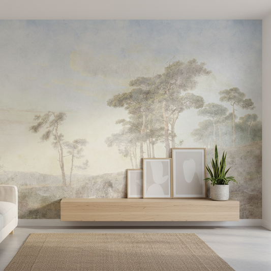 Living room with a large wall mural of trees and landscape.