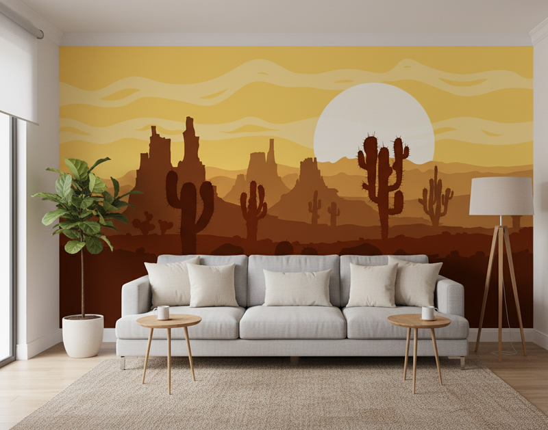Living room with a desert-themed wall mural featuring cacti and a sunset.