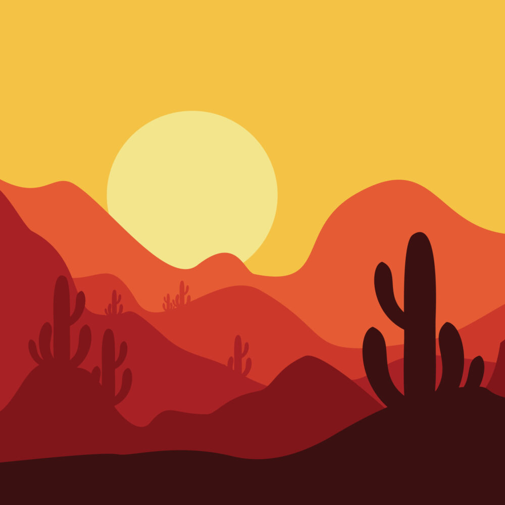 Cartoon,Desert,Landscape,With,Cactus,,Hills,And,Mountains,Silhouettes,,Vector