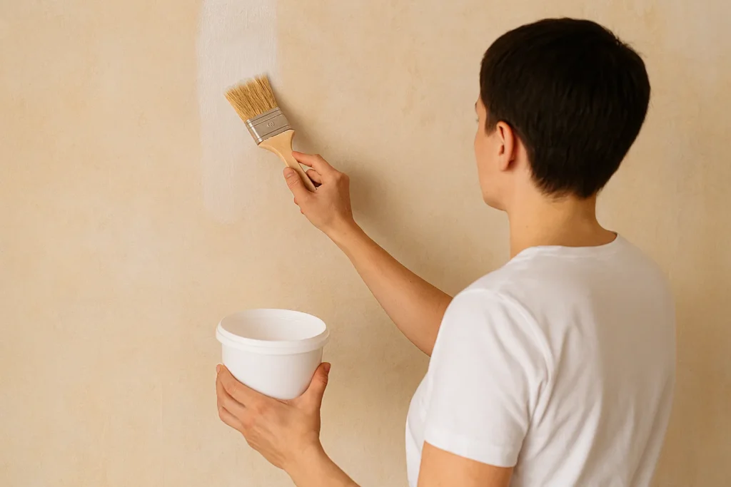 Person priming a wall preparing for cork wallpaper installation.