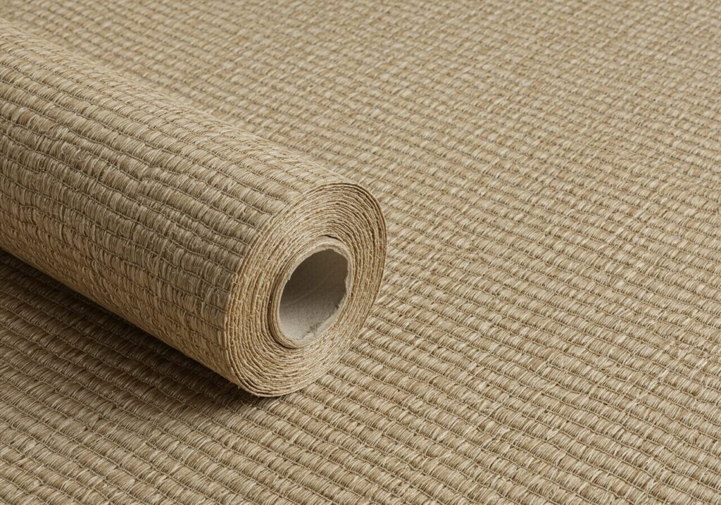A detailed close-up of the intricate, hand-woven texture of a natural seagrass grasscloth wallpaper.