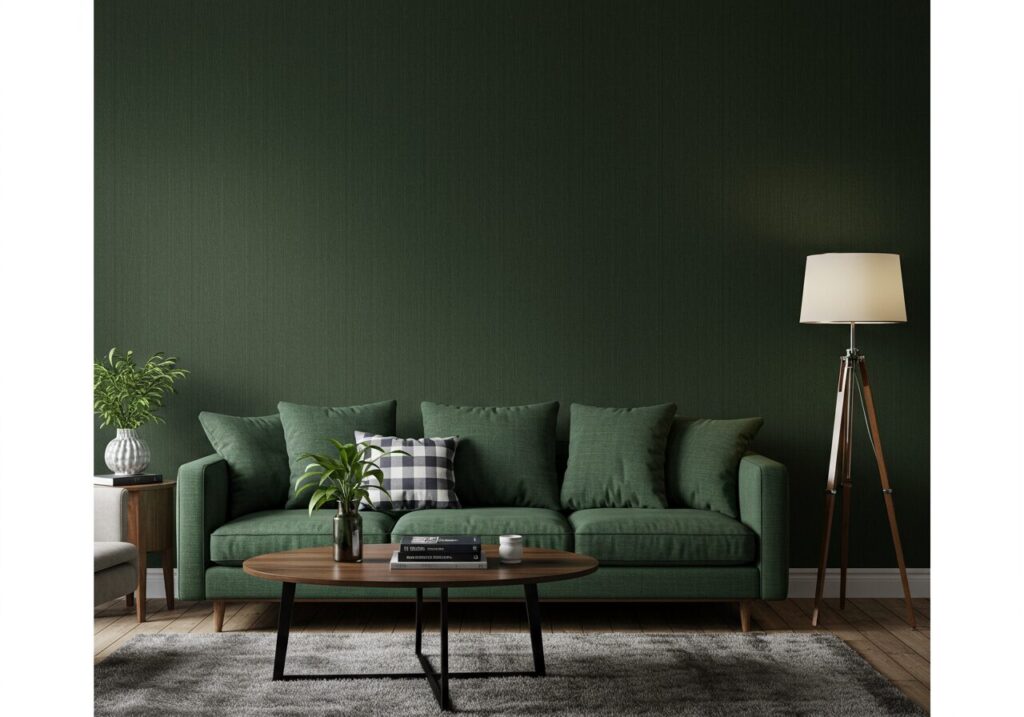 A modern living room featuring a striking dark green grasscloth wallpaper accent wall, adding texture and sophistication.