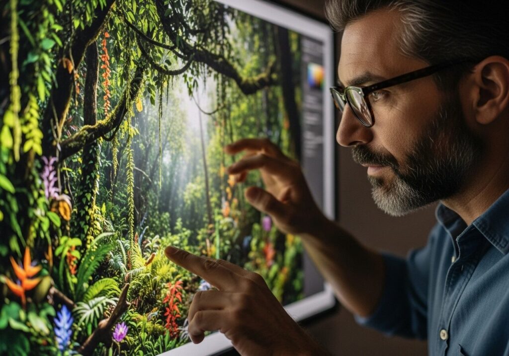 Designer inspecting a high-resolution digital image for a custom wall mural, emphasizing quality and detail.