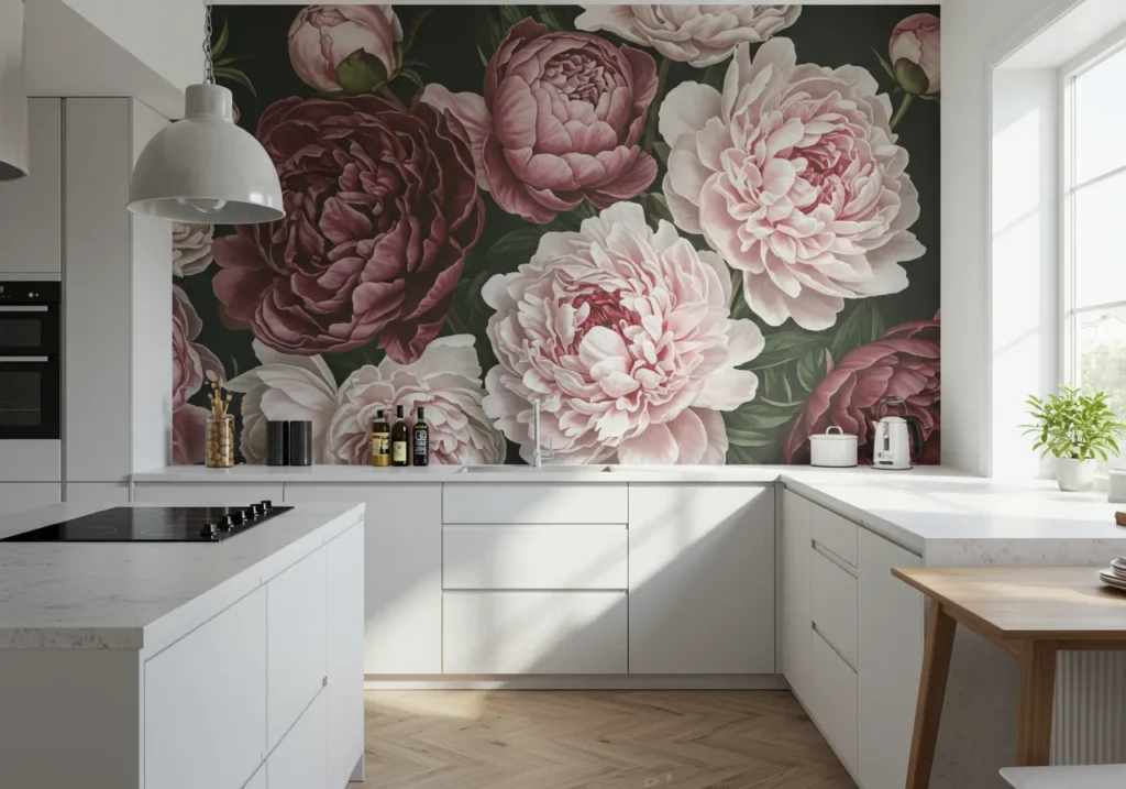 Modern kitchen showcasing moisture-resistant vinyl wallpaper with vibrant patterns.