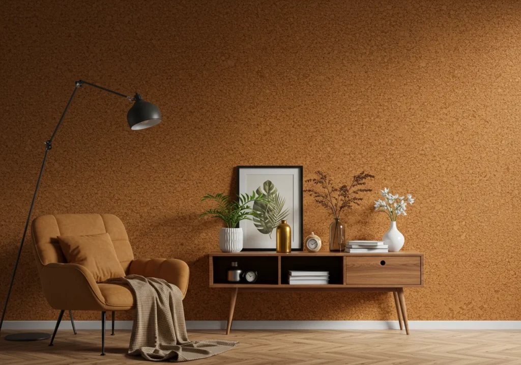Elegant living room featuring cork wallpaper with natural texture and warm ambiance