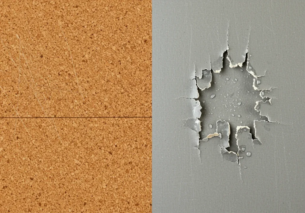 Side-by-side comparison image of cork and vinyl wallpaper durability tests.